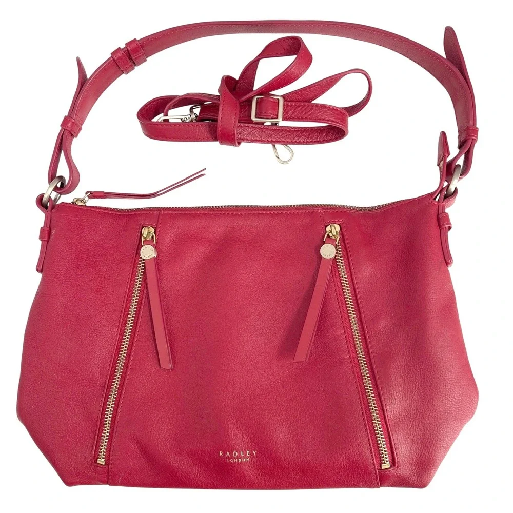 Radley London Womens Crossbody Shoulder Bag Red Pebbled Leather Zip Details